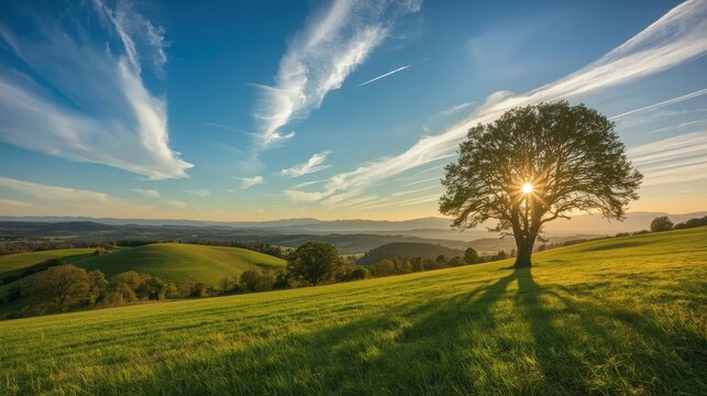 Lone tree on rolling green hills at sunset with dramatic sky