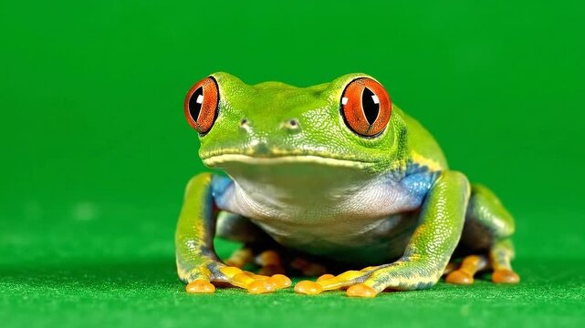 Vibrant Red Eyed Tree Frog Rests on a Bright Green Studio Background with Detailed Texture and Natural Lighting