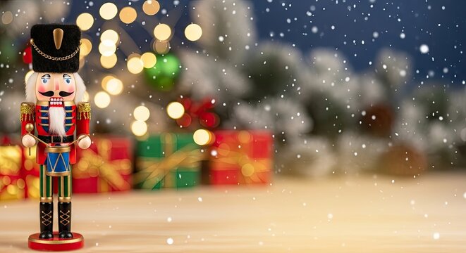 A Christmas nutcracker figurine with a festive background of snowflakes and holiday lights.