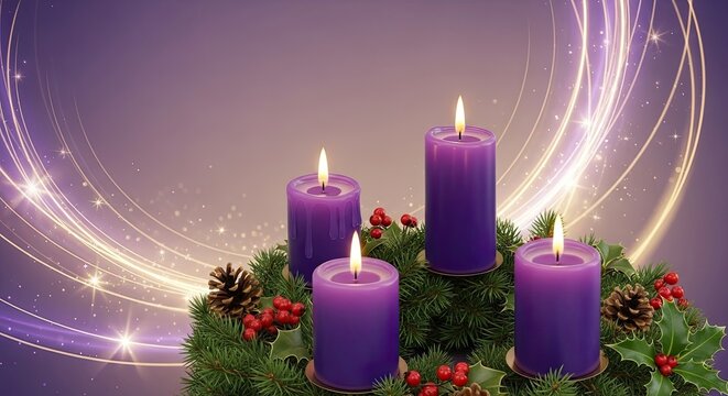A festive Advent wreath with purple candles and holly berries against a purple and gold background with glowing stars. - Powered by Adobe