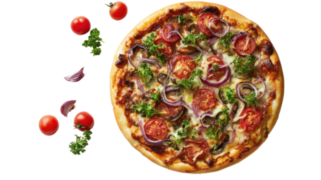 Overhead view, loaded pizza with toppings and cherry tomatoes