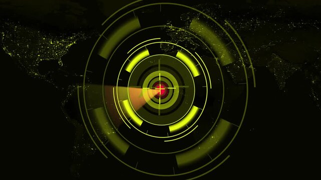 Digital Target Reticle Over Illuminated World Map at Night technology global animation. Illuminated world map pulses under digital target reticle forming bold animated night time tech visuals. - Powered by Adobe