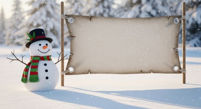 A snowman with a blank sign in a snowy landscape.