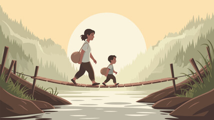 Naklejka premium A mother and child crossing a bridge over water with mountains and sun in the background art style