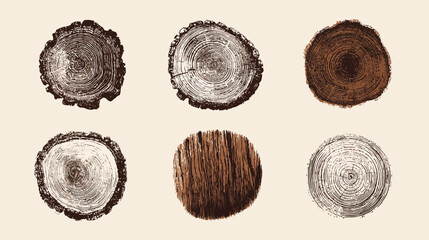 Rustic wood slices collection featuring natural tree rings, annual growth patterns, and rough bark textures on a light background.