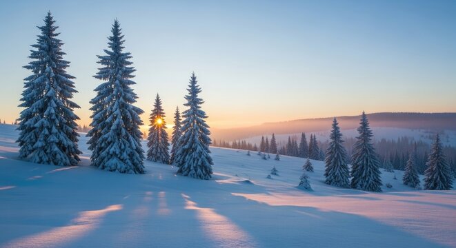 Snow-covered trees in a winter landscape with a setting sun.
