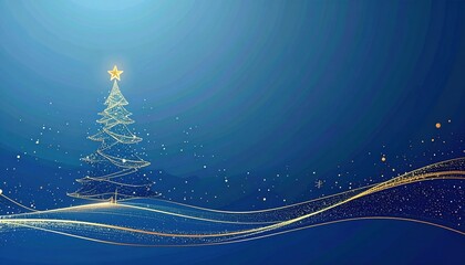 Decorative Christmas Tree with Star Top and Glowing Lights against a Blue Winter Night Background