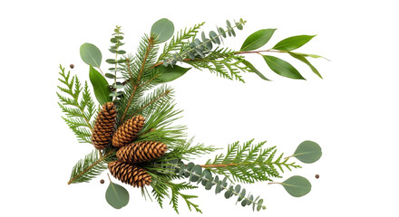 Natural Winter Greenery And Pine Cones Frame Arrangement With Eucalyptus And Juniper Isolated On Transparent Background