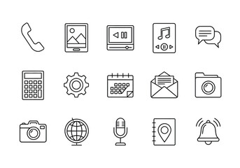 A set of clean, minimalist line art icons representing common digital functions and tools.