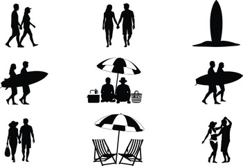 Beach couple silhouette vector set, walking hand in hand, surfboards, umbrella chairs, dancing figures, leisure vacation illustration, summer tourism lifestyle design