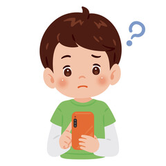 スマートフォンを見て悩む男の子　上半身イラスト／Upper Body Illustration of Boy Worried While Looking at Smartphone