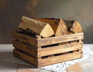 Wooden Crate Filled with Firewood on Rustic Surface