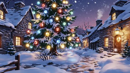Christmas Village Snowfall with Decorated Tree and Illuminated Buildings at Night - Powered by Adobe