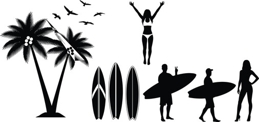 Beach vacation silhouette vector, tropical palm trees, surfboards, bikini woman jumping, surfers holding boards, birds flying, summer holiday leisure scene illustration