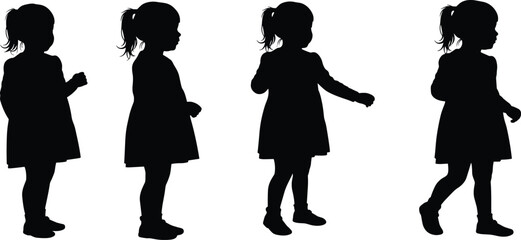Child walking silhouette vector, girl in dress with ponytail, standing and walking poses, motion progression illustration, child development, animation reference design