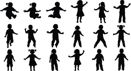 Children silhouette collection showing twenty playful poses standing jumping sitting waving dancing diverse hairstyles vector set for educational design and illustration assets