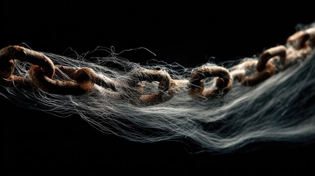 Rusty chain draped with cobwebs against stark black background