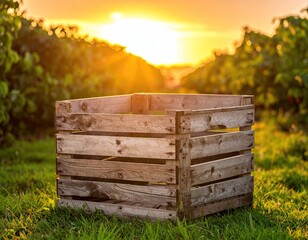 Wooden Crate in a Green Field at Sunset