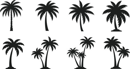 Palm tree silhouette vector set, tropical island icons, curved and straight trunks, clustered and single trees, summer vacation illustration, coastal paradise design