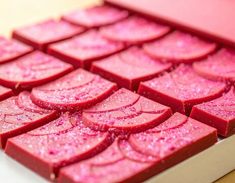 Ruby chocolates with glitter in a box