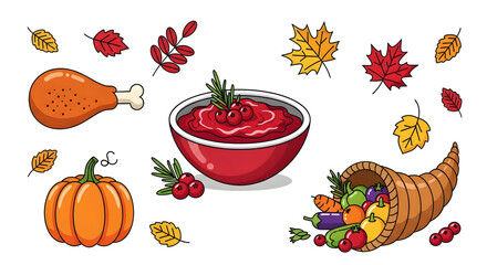 Autumn Harvest Thanksgiving Illustration with Pumpkin, Turkey Leg, and Cornucopia