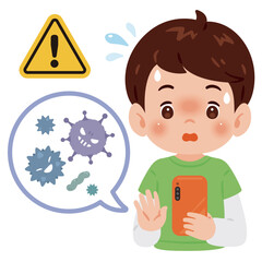 スマートフォンでウイルス被害に遭う男の子　上半身イラスト／Upper Body Illustration of Boy Affected by Virus on Smartphone