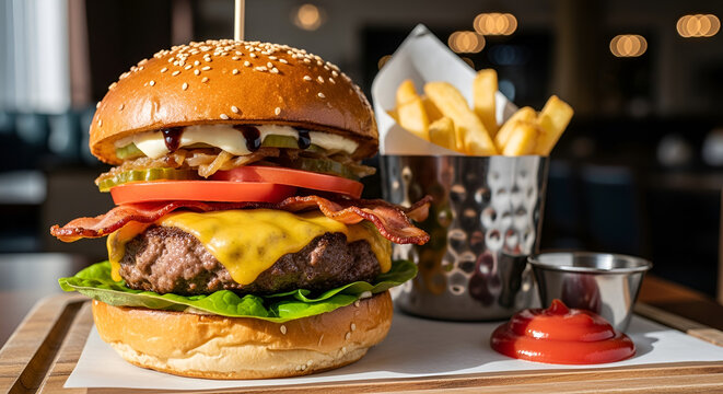Close up of a cheeseburger with bacon lettuce tomato and pickles served with french fries and ketchup - Powered by Adobe
