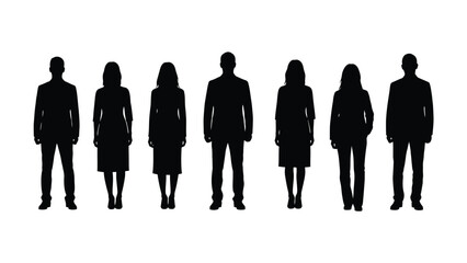 Vector Silhouettes of Business People Standing. Set of professional adults, including men in suits and women in corporate attire, representing a team or diverse group.