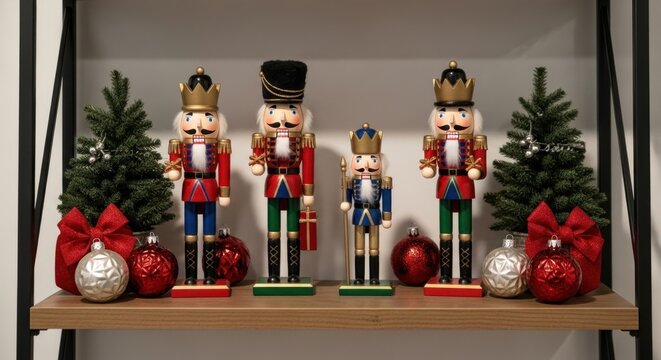 Festive christmas nutcrackers and ornaments arranged on a shelf for holiday decor - Powered by Adobe