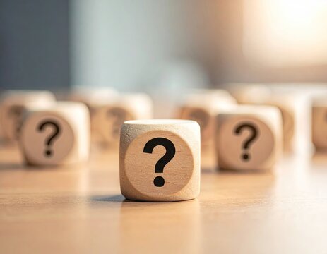 Wooden Cubes with Question Marks on Wooden Surface
