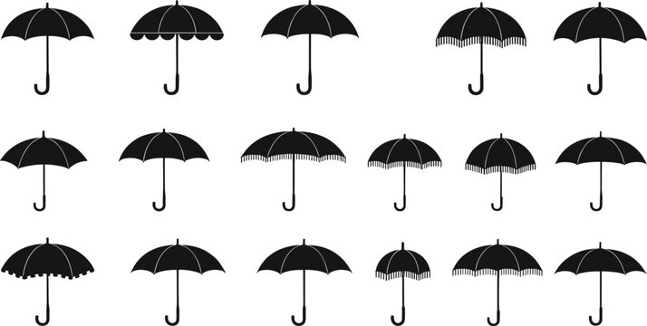 Umbrella silhouette vector set, canopy edge variations, scalloped and fringed designs, black icons collection, rain protection illustration, fashion accessory concept