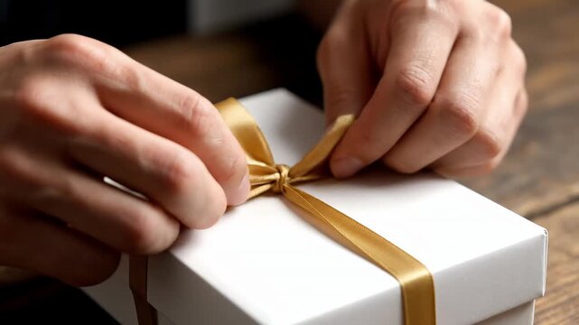 Close up of hands tying a beautiful golden ribbon bow around a white gift box meticulously preparing a thoughtful present for a special celebration or holiday