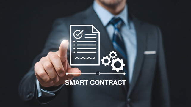 A man in a suit pointing at a smart contract icon with gears on a dark background in a studio shot