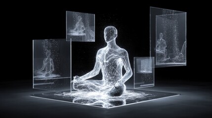 An ethereal human figure is woven from glowing digital threads and pixels, sitting in a lotus position. 