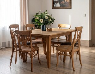 Wooden Dining Table with Six Chairs in Bright Room