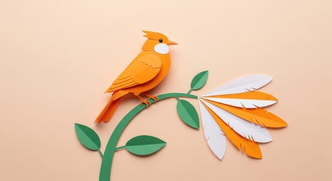Paper art orange bird with crest perched on a vibrant green branch with leaves and colorful decorative feathers - Powered by Adobe