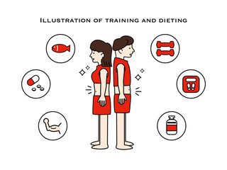 ダイエット後の男女と健康モチーフセット | 赤いウェア・フィットネス要素のイラスト