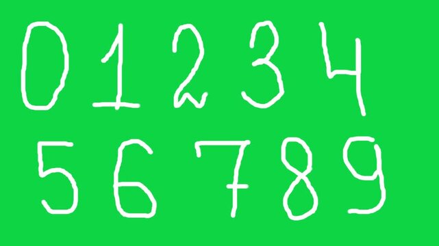 Numbers 0 to 9 on Green Screen, Chroma Key Horizontal Footage Wiggle Scribbled