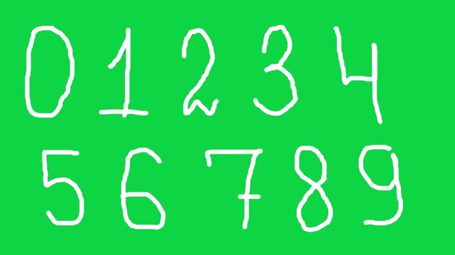 Numbers 0 to 9 on Green Screen, Chroma Key Horizontal Footage Wiggle Scribbled