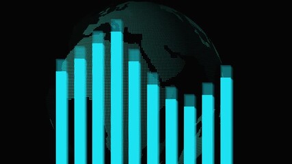 Futuristic cyan graph with dotted world globe showing economic performance and data visualization trends. Cyan Bar Chart In Front Of A Dotted Cyan Globe On Black Background graph data. - Powered by Adobe