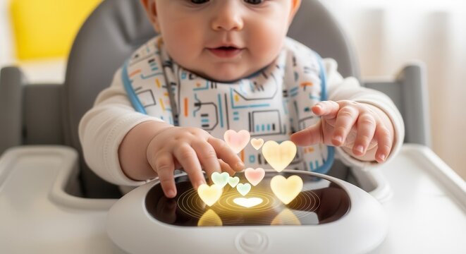A curious baby in a high chair interacts with a futuristic device. Infant touching glowing heart-shaped holograms. Early learning and modern technology concept - Powered by Adobe