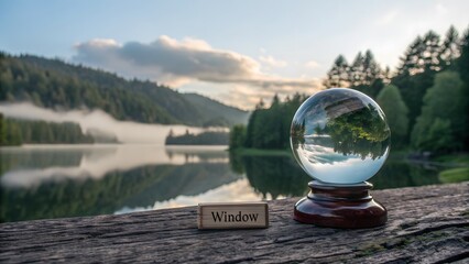 Crystal ball showing a landscape view through a window
