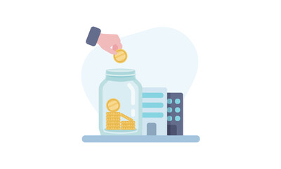 瓶にお金を貯める手と会社のイラスト