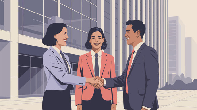 Three business professionals shaking hands in front of a modern office building with a smiling face