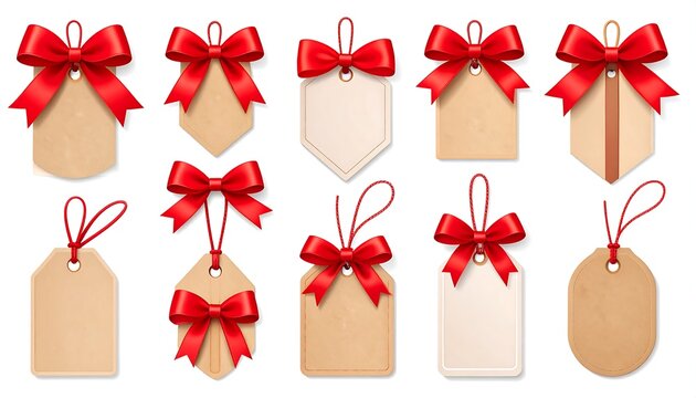 A collection of various gift tags, each adorned with a vibrant red satin bow and attached string for hanging
