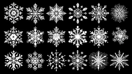 Intricate white snowflake set on black background, diverse collection for winter holiday designs, Christmas, frozen motifs, vector elements.