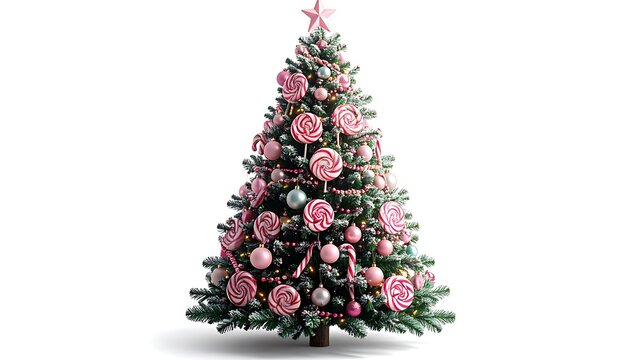 A fully decorated evergreen tree, featuring pink ornaments, candy canes, and large swirly lollipops, topped with a pink star