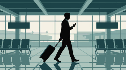 Silhouette of a businessman walking with luggage and phone in an airport terminal waiting area scene