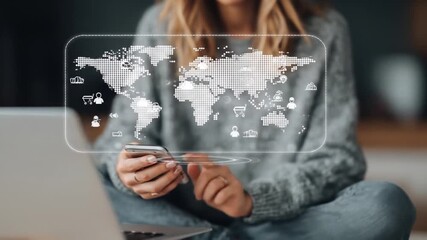 Person using phone with futuristic holographic world map overlay - Powered by Adobe