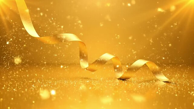 Elegant golden ribbon creating a dazzling swirl amidst magical shimmering glitter particles and bright light effects ideal for festive celebrations and luxury